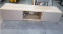 BESTÅ TV bench with doors,180x40x38 cm/BESTÅ shelf, glass, 56x36 cm/SELSVIKEN door/drawer front-gloss beige, 60x38 cm/BESTÅ Soft closing/push-open hinge