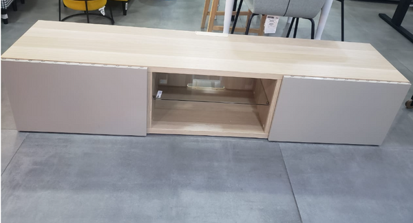 BESTÅ TV bench with doors,180x40x38 cm/BESTÅ shelf, glass, 56x36 cm/SELSVIKEN door/drawer front-gloss beige, 60x38 cm/BESTÅ Soft closing/push-open hinge