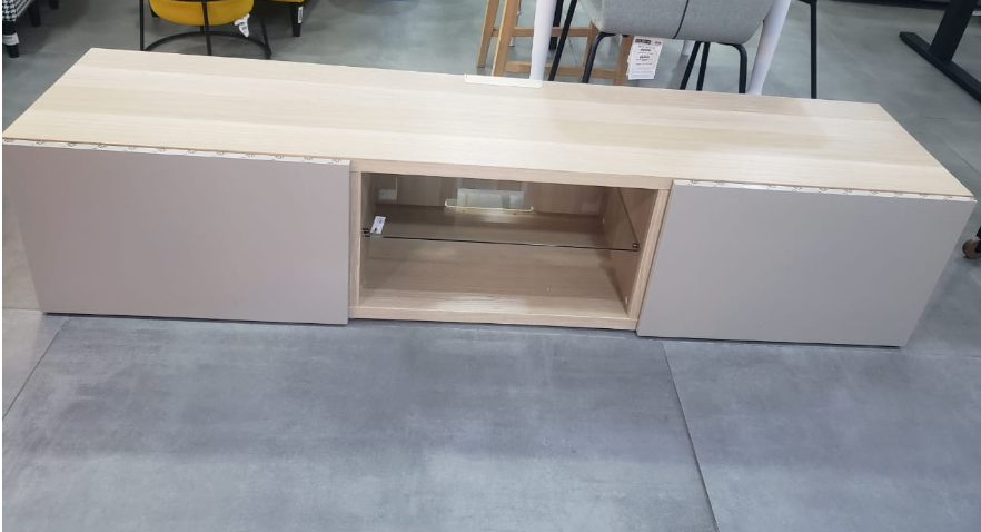 BESTÅ TV bench with doors,180x40x38 cm/BESTÅ shelf, glass, 56x36 cm/SELSVIKEN door/drawer front-gloss beige, 60x38 cm/BESTÅ Soft closing/push-open hinge