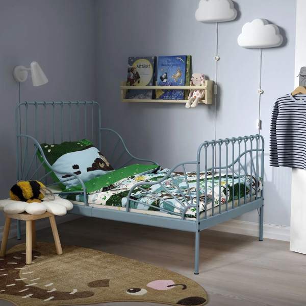 MINNEN extendable bed, grey/blue, 80x200 cm