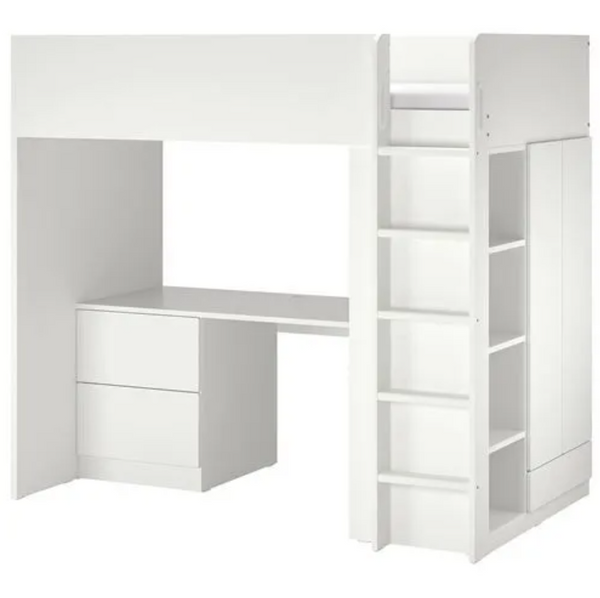 SMASTAD Loft bed frame w desk and storage, white, 90x200 cm