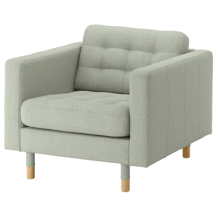 LANDSKRONA armchair, Gunnared light green / LANDSKRONA leg wood 15 cm