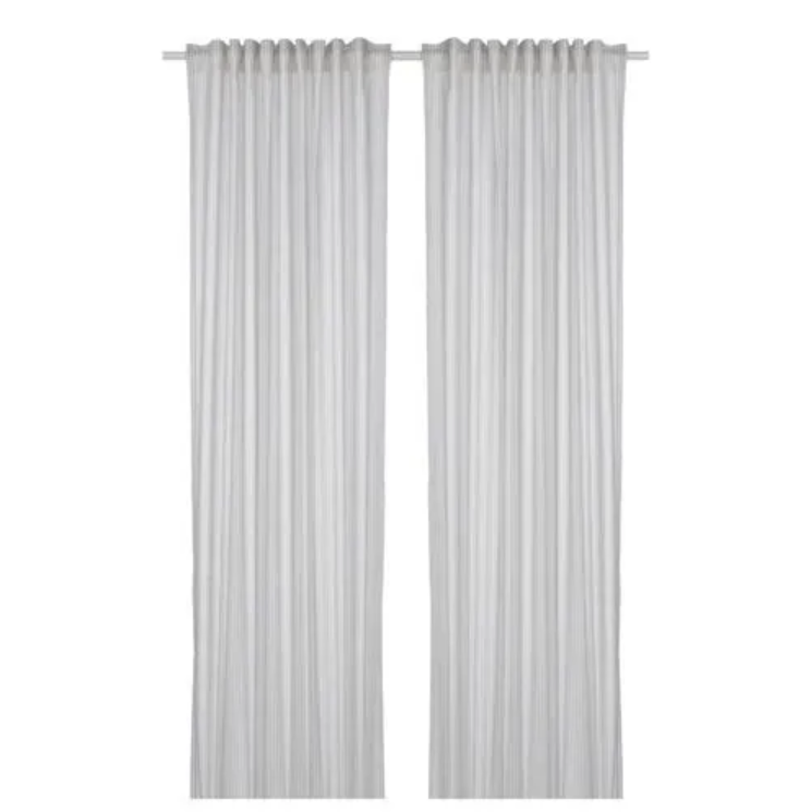 BYMOTT background curtain, 1 pair, white/light grey striped, 120x300 cm