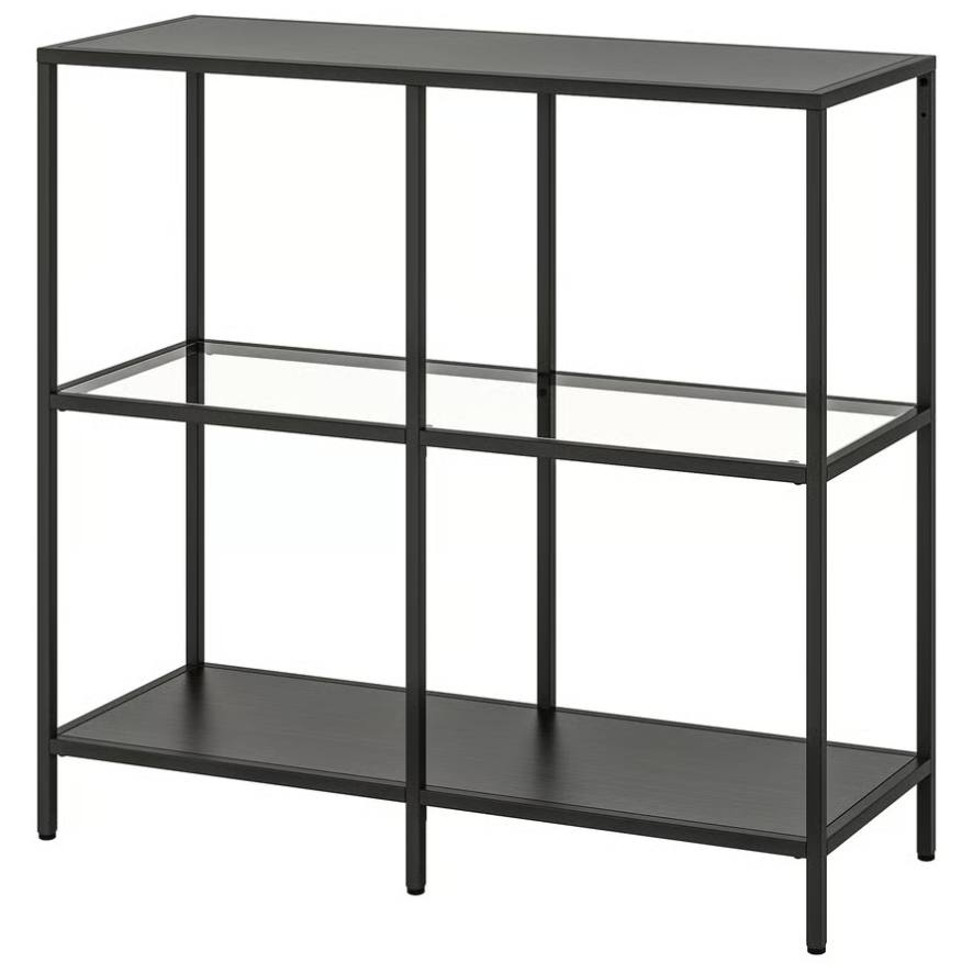 VITTSJÖ Shelving unit, black-brown/glass, 100x93 cm