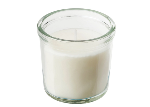JÄMLIK scented candle in cup, light beige, 20 hr, vanilla