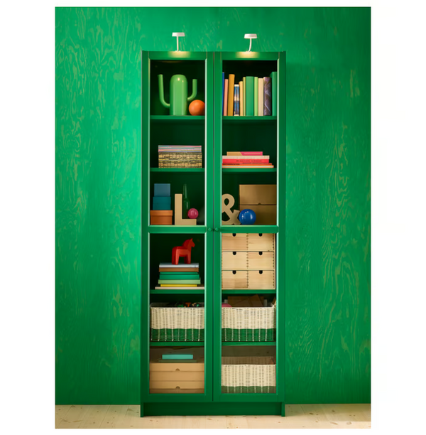BILLY Bookcase with glass doors, green, 80x30x202 cm