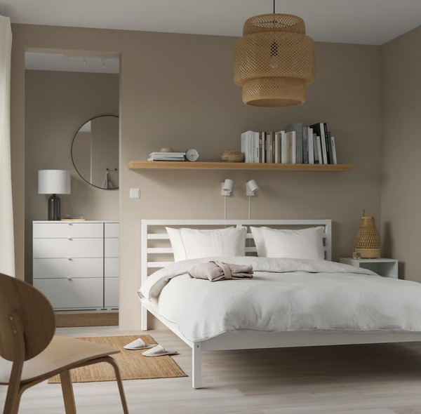 TARVA Bed frame, white stained, 140x200 cm / LINDBÅDEN Slatted bed base, pine, 70x200 cm