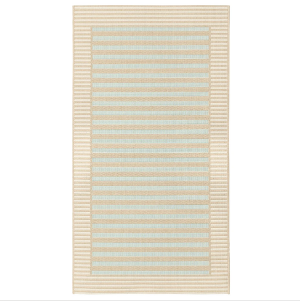 SKEVNING, Rug, woven flat, brown blue/stripes indoor/outdoor, 80x200 cm