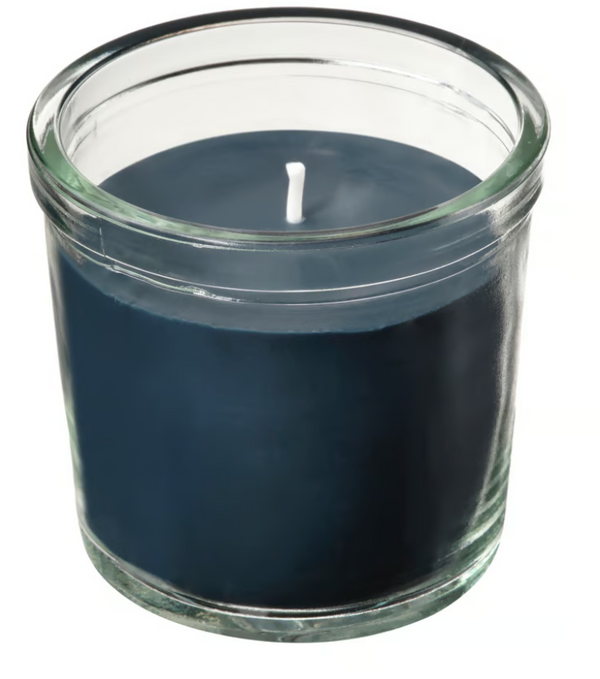 FRUKTSKOG Scented candle in glass, Vetiver & geranium/black-turquoise, 20 hr