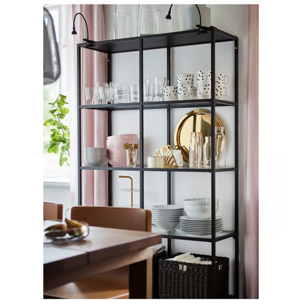 VITTSJÖ Shelving unit, black-brown/glass, 100x175 cm