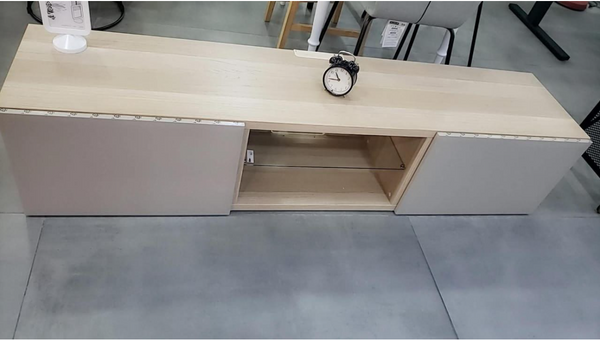 BESTÅ TV bench with doors,180x40x38 cm/BESTÅ shelf, glass, 56x36 cm/SELSVIKEN door/drawer front-gloss beige, 60x38 cm/BESTÅ Soft closing/push-open hinge