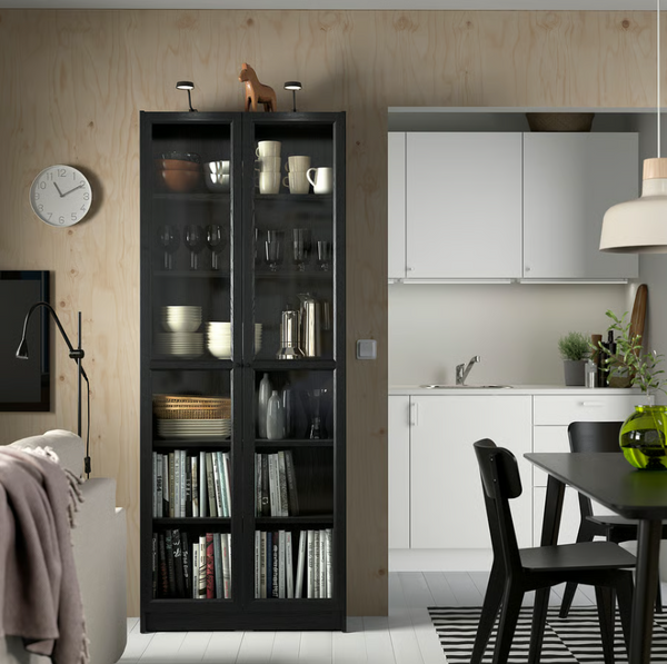 BILLY Bookcase, black oak effect, 80x28x202 cm / OXBERG Glass door, black oak effect, 40x192 cm