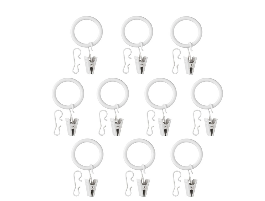 SYRLIG curtain ring with clip and hook, white, 25 mm, 10 pack