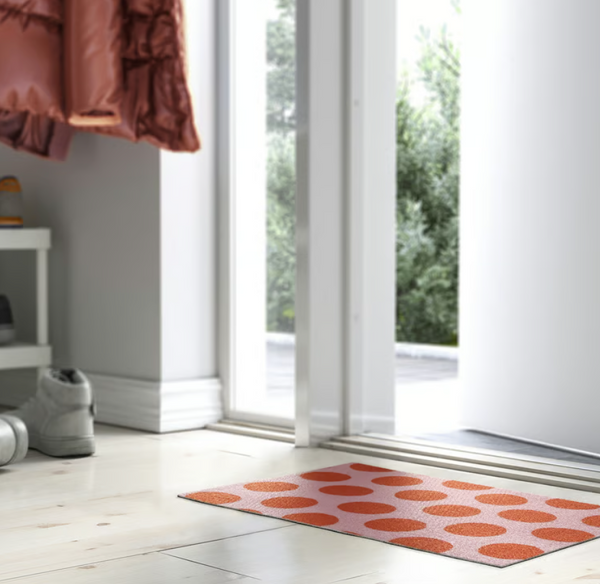 KÖRFÄLTSPIL Door mat, pink orange/circle pattern, 40x60 cm