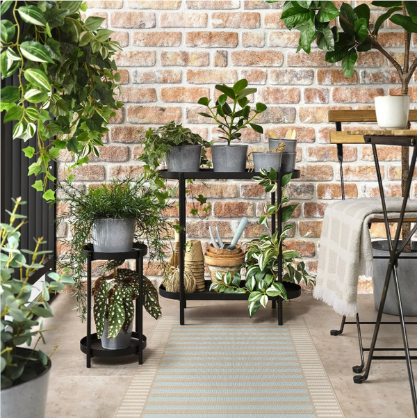 SKEVNING, Rug, woven flat, brown blue/stripes indoor/outdoor, 80x200 cm