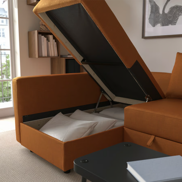 FRIHETEN / KLAGSHAMN Corner sofa-bed with storage, Faringe brown-orange
