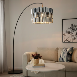 ÄLVSTARR / SKAFTET Floor lamp, arched, chrome effect/black