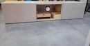 BESTÅ TV bench with doors,180x40x38 cm/BESTÅ shelf, glass, 56x36 cm/SELSVIKEN door/drawer front-gloss beige, 60x38 cm/BESTÅ Soft closing/push-open hinge