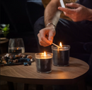 FRUKTSKOG Scented candle in glass, Vetiver & geranium/black-turquoise, 20 hr