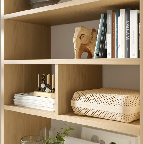 LÅDMAKARE Storage cabinet, oak effect, 35x212 cm, left+right/LÅDMAKARE shelf, 76x34 cm/LÅDMAKARE Insert with compartments, 76x34x24 cm/LÅDMAKARE Cabinet with sliding doors, oak effect