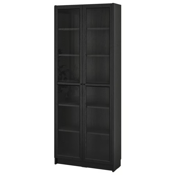 BILLY Bookcase, black oak effect, 80x28x202 cm / OXBERG Glass door, black oak effect, 40x192 cm