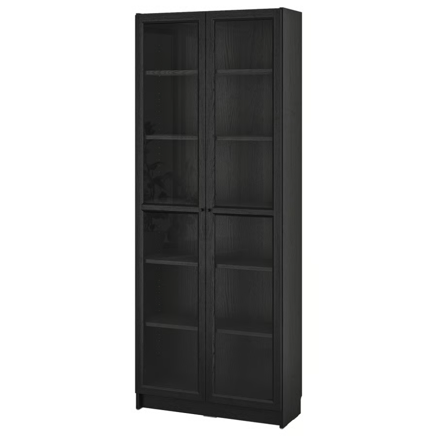 BILLY Bookcase, black oak effect, 80x28x202 cm / OXBERG Glass door, black oak effect, 40x192 cm