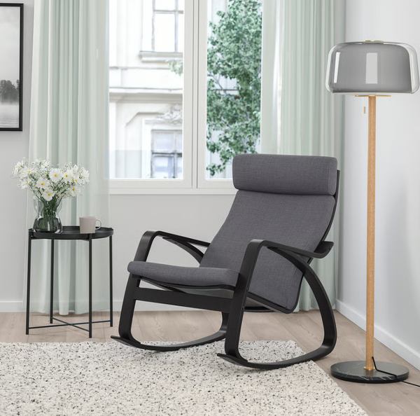 POÄNG Rocking-chair, black-brown / POÄNG cushion Skiftebo dark grey