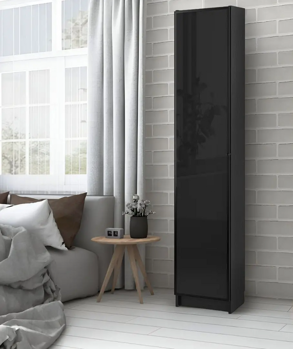 BILLY / HÖGBO Bookcase combination w glass doors, black oak effect/black, 40x30x202 cm
