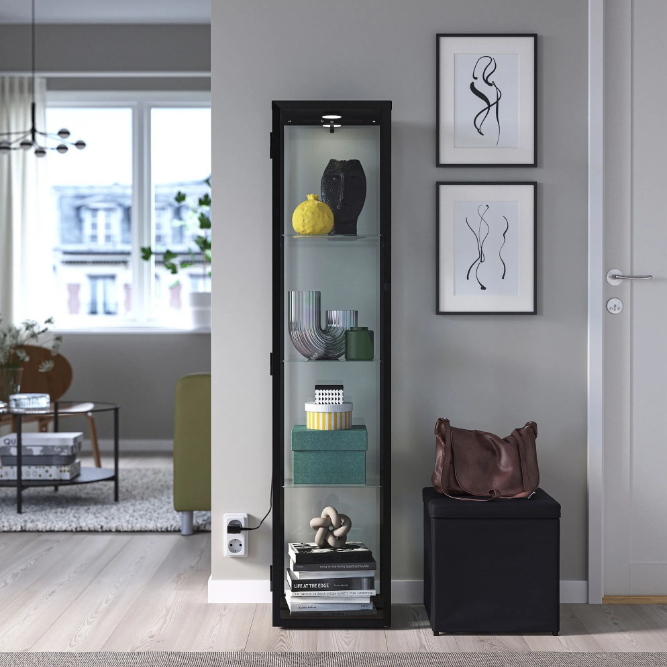 BLÅLIDEN Glass-door cabinet, black,35x32x151 cm/STRIMSÄV spotlight with LED, black, 6x1 cm