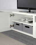 BESTÅ TV bench with doors,180x40x38 cm/BESTÅ shelf, glass, 56x36 cm/SELSVIKEN door/drawer front-gloss beige, 60x38 cm/BESTÅ Soft closing/push-open hinge