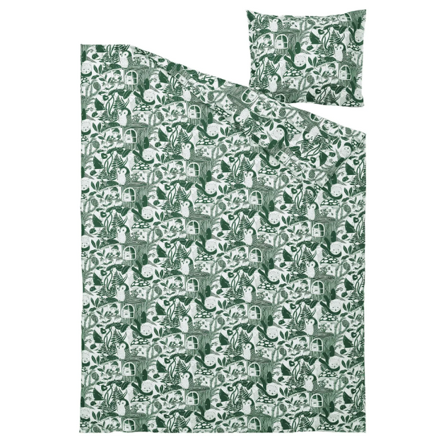 SKOGSDUVA kids' bedding set, white/green, 150x200/50x60 cm
