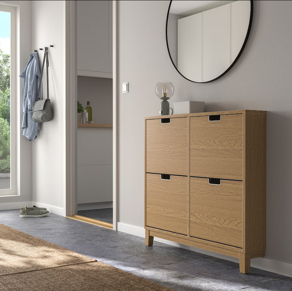 STÄLL Shoe cabinet with 4 compartments, oak veneer, 96x17x90 cm