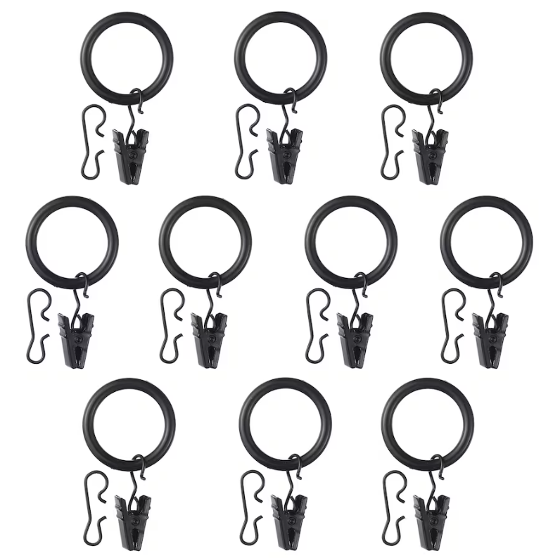 SYRLIG Curtain ring with clip and hook, black, 25 mm