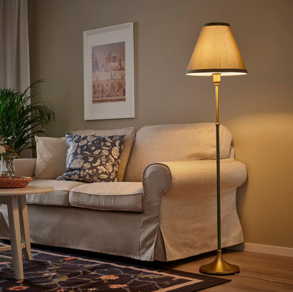 FLYGHOJD Floor lamp, brass/green-grey