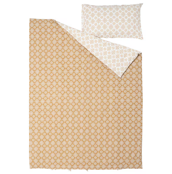 ORMÄNGSFLY Duvet cover and pillowcase, yellow-beige/white, 150x200/50x80 cm