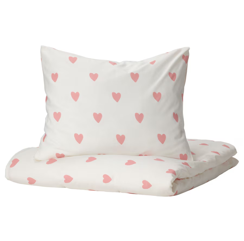 BARNDRÖM Duvet cover and pillowcase, heart pattern white/pink, 150x200/50x60 cm