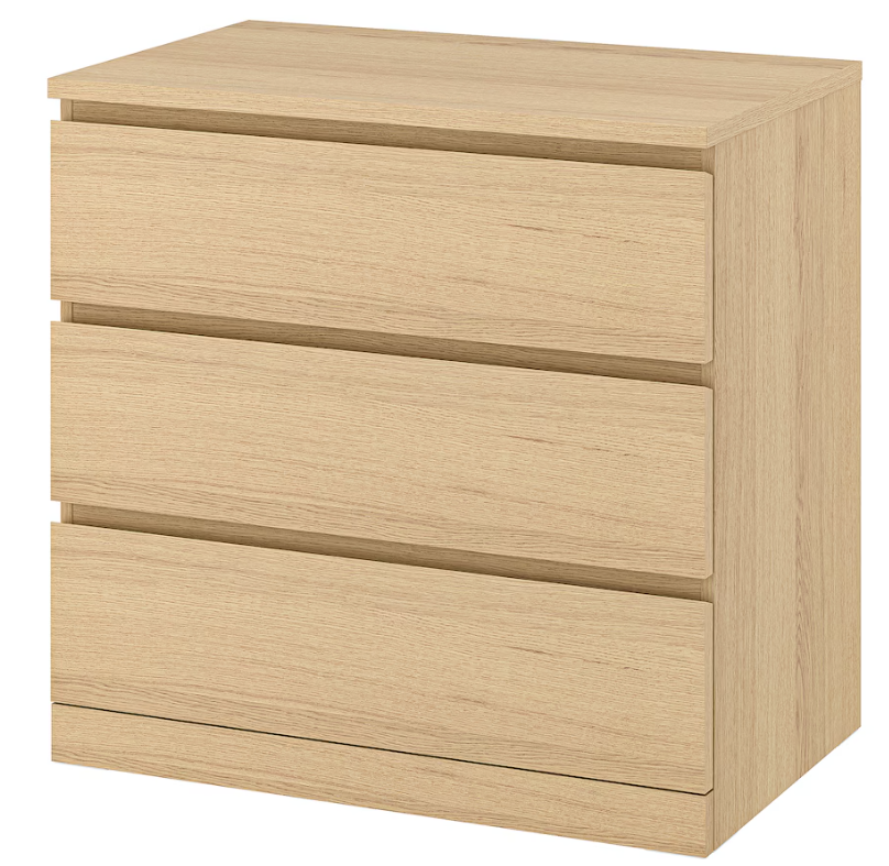 MALM Chest of 3 drawers, white stained oak veneer, 80x78 cm