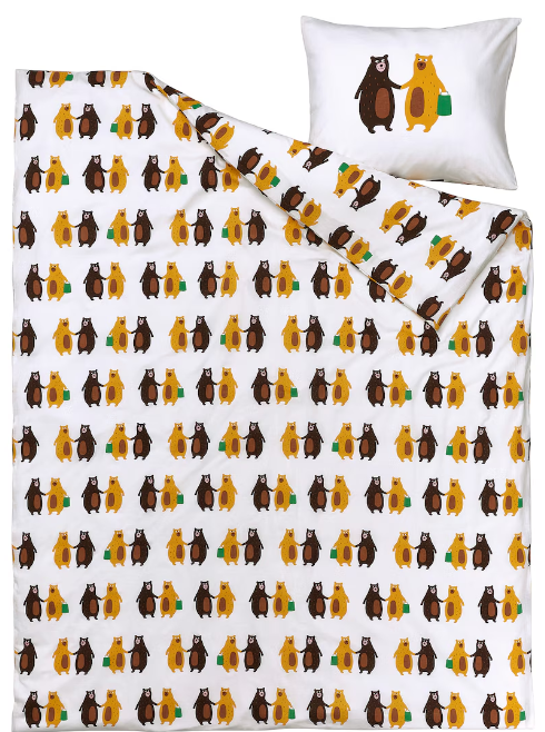 BRUMMIG Duvet cover and pillowcase, bear pattern yellow/brown, 150x200/50x60 cm