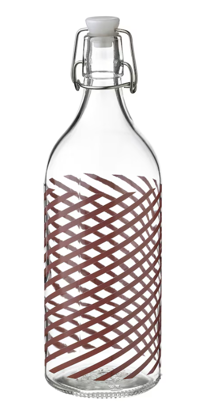 KORKEN Bottle with stopper, clear glass striped/grey-pink, 1 l