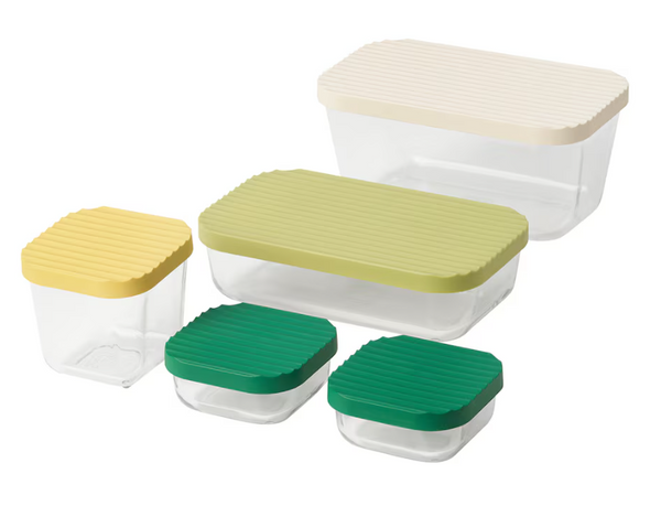 HAVSTOBIS Food container with lid, set of 5, clear/multicolor