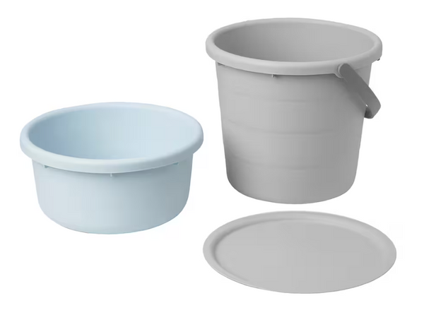 PEPPRIG 3-piece bucket set with lid, gray/blue