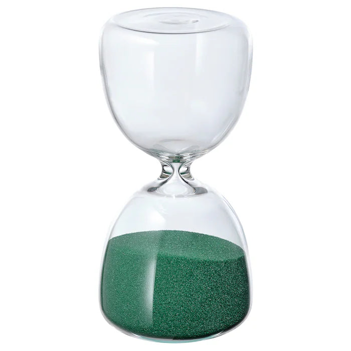 EFTERTANKA Decorative hourglass, clear glass/green, 15 cm