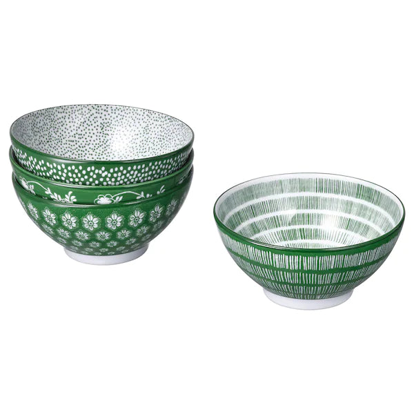 ENTUSIASM Bowls, patterned/green, 12 cm, set of 4
