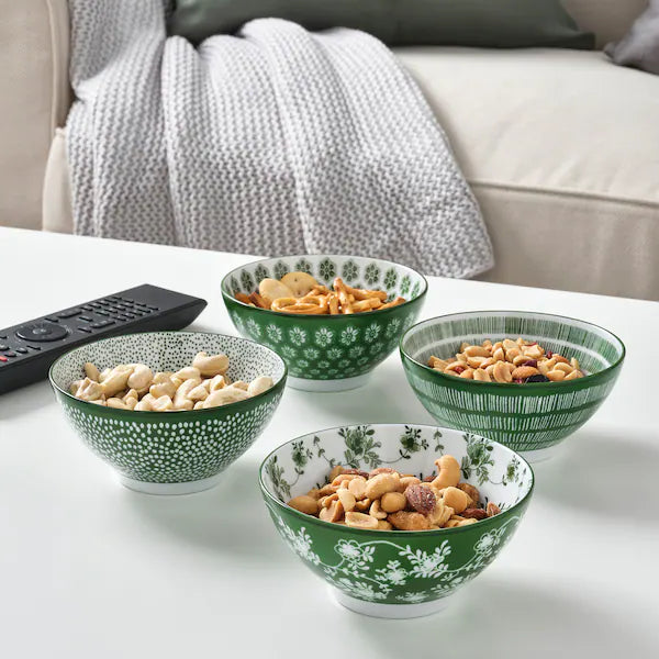 ENTUSIASM Bowls, patterned/green, 12 cm, set of 4