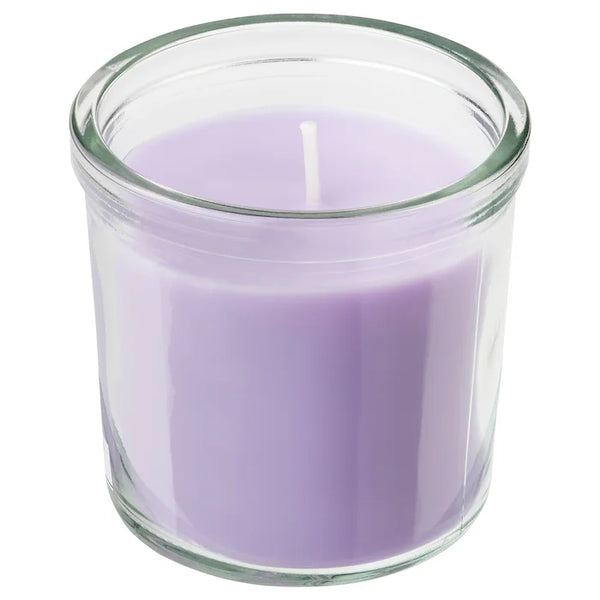 JÄMNMOD Scented candle in glass, Sweet pea/purple, 20 hr