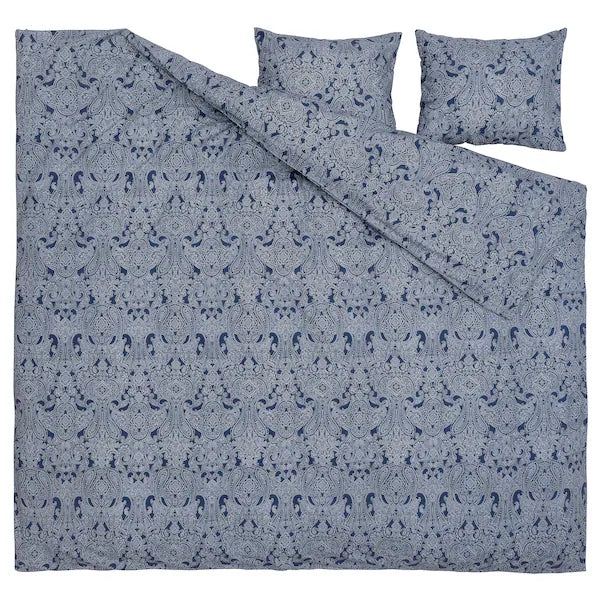 JÄTTEVALLMO Duvet cover and 2 pillowcases, dark blue/white, 200x200/50x60 cm