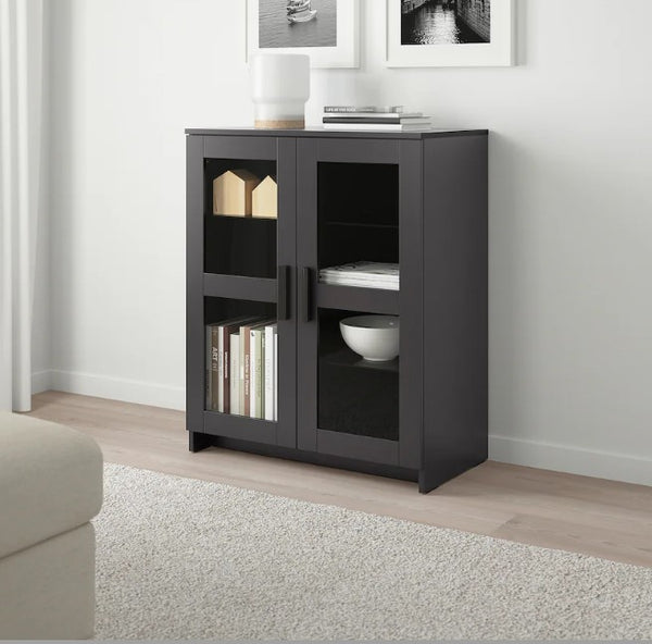 BRIMNES Cabinet with doors, glass/black, 78x95 cm