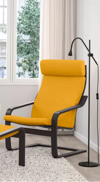 POÄNG Armchair cushion, Skiftebo yellow/POÄNG Armchair frame, black-brown