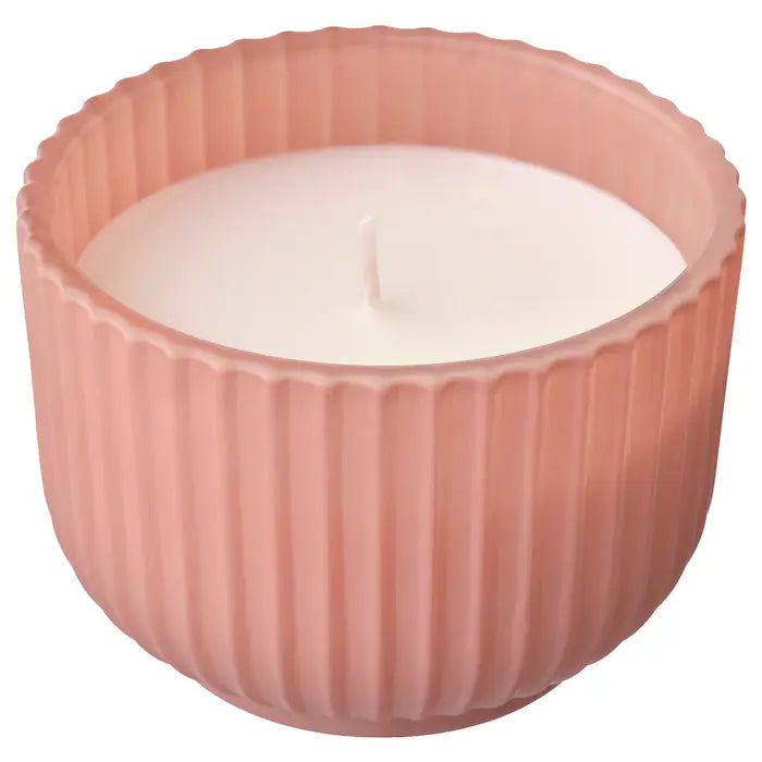 SOCKERLÖNN Scented candle in glass, Peach & blossom/pink, 20 hr