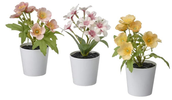 FEJKA Artificial potted plant w pot, set of 3, in/outdoor flower mix, 6 cm